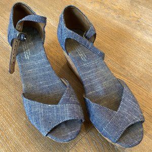 TOM's Blue Linen Cork Platform Sandals
